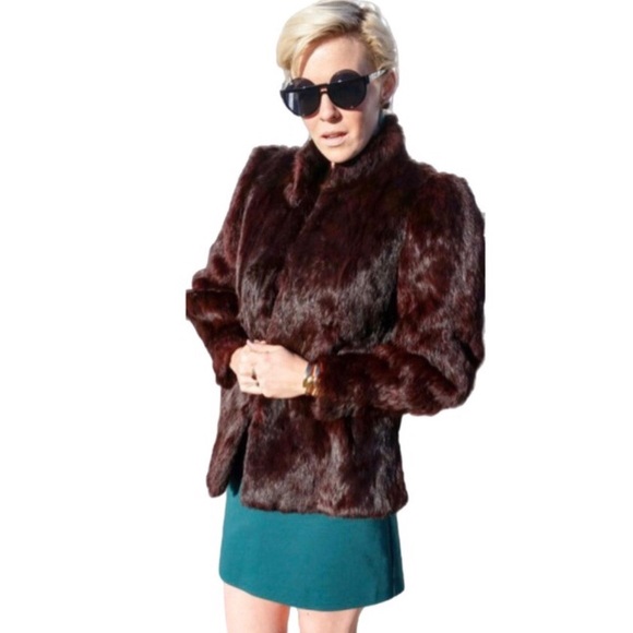 Rabbit Fur Vintage Burgundy Standing Collar Coat - Picture 10 of 10